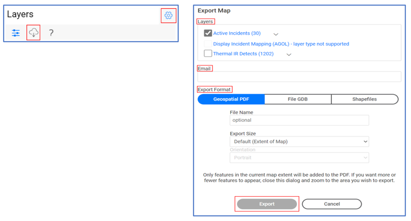 Screen grabs depicting locations of Gear icon, cloud icon to export and then the Export Map screen with details needed before exporting the pdf
