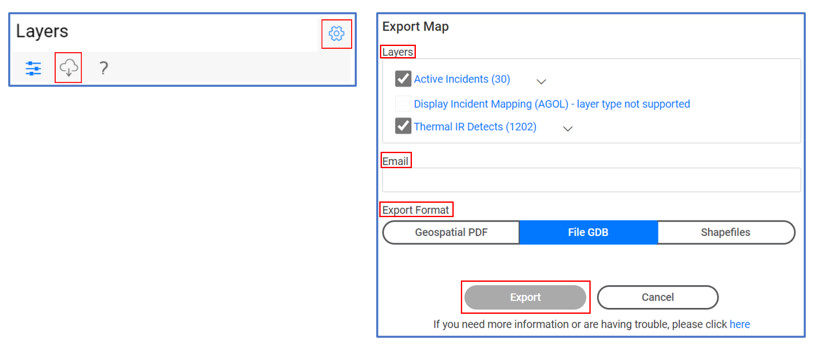 Screen grabs depicting locations of Gear icon, cloud icon to export and then the Export Map screen with details needed before exporting the file