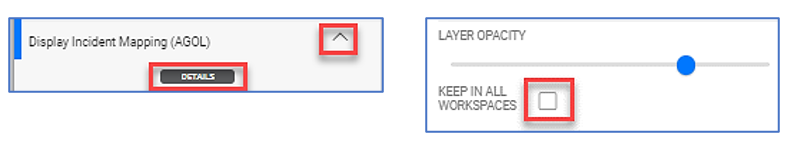 Left Image is of the Expanded Display Incident Mapping AGOL layer and details button. Right Image is showing the Keep in all Workspaces checkbox.